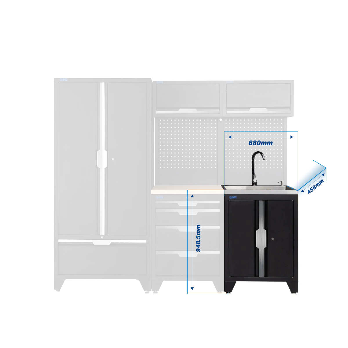 SGS 7pc Modular Garage Storage | 4 Drawers | Plywood Worktop | Sink Unit | 2x Upper Cabinets | Tall Double Cabinet with Drawer